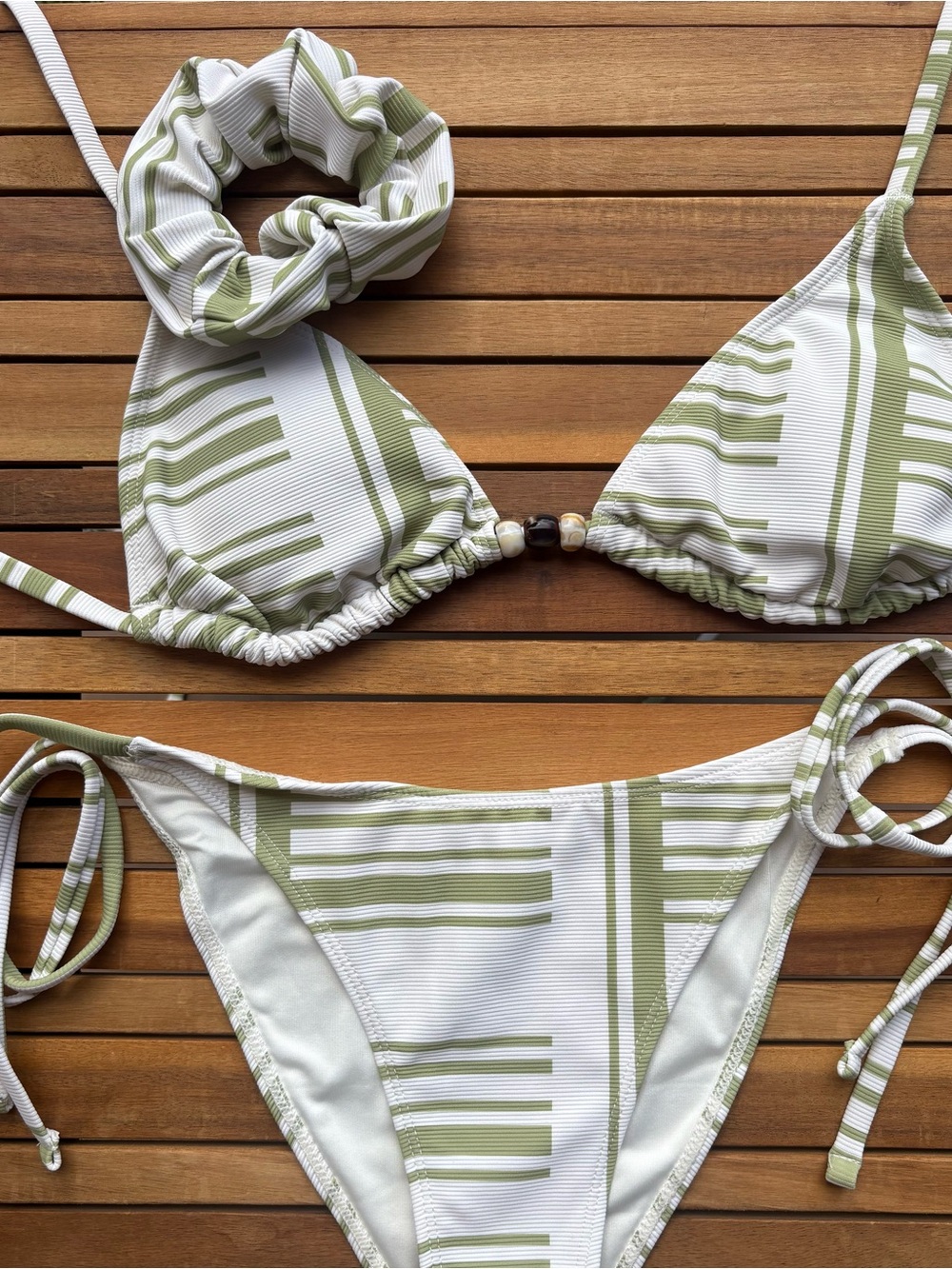LARGE NWT Bikini 3 Piece set Set Matching Scrunchie Matcha Green White & Beads